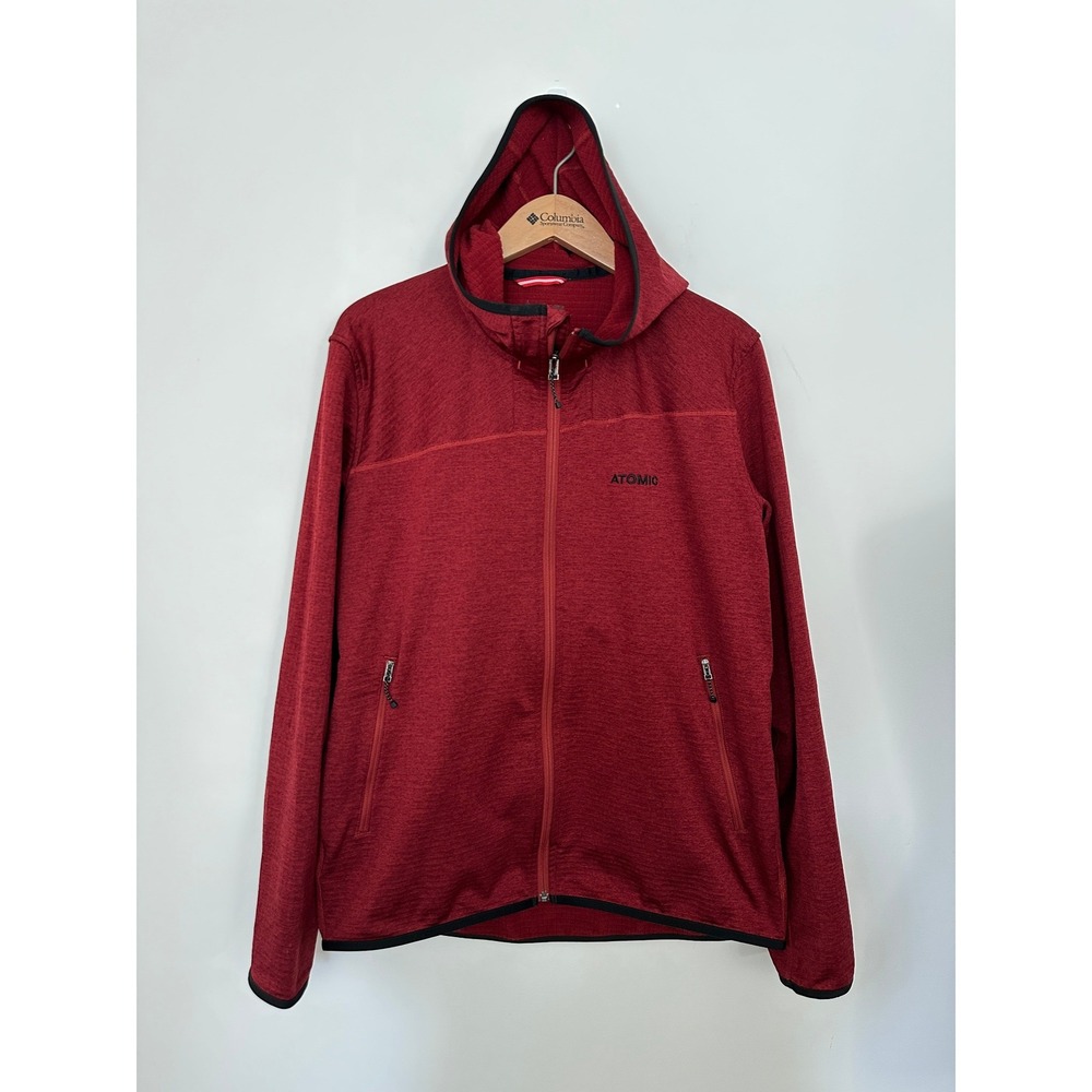 Atomic Backland Tech Hoodie Mens L Burgundy Red Grid Fleece Ski Full Zip Jacket